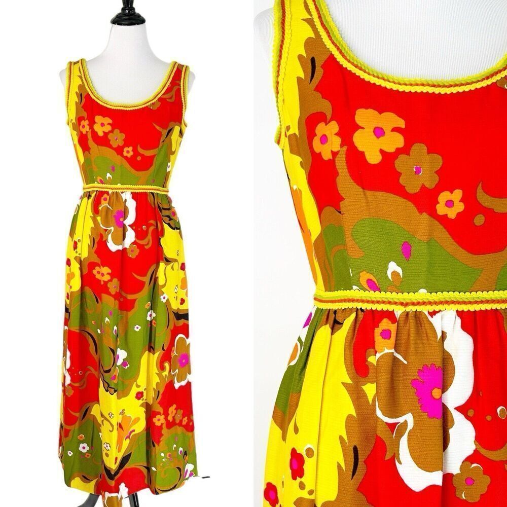 Vintage Kiki Hart Floral Retro Groovy Maxi Dress Red Yellow Scoop Neck 1960s